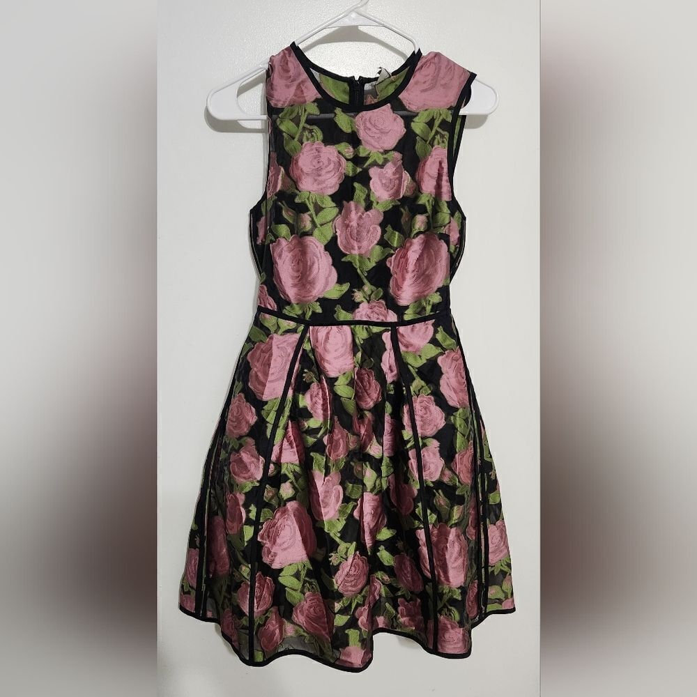 NWT ASOS Salon Women’s Sleeveless Floral Pleated Dress Pink Black & Green Size 2